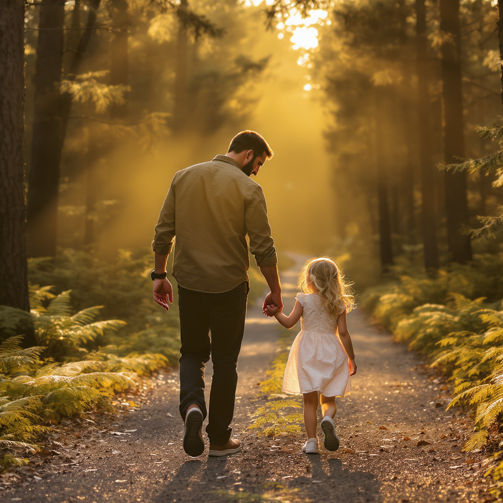 A father and child walking together outdoors in warm evening light.